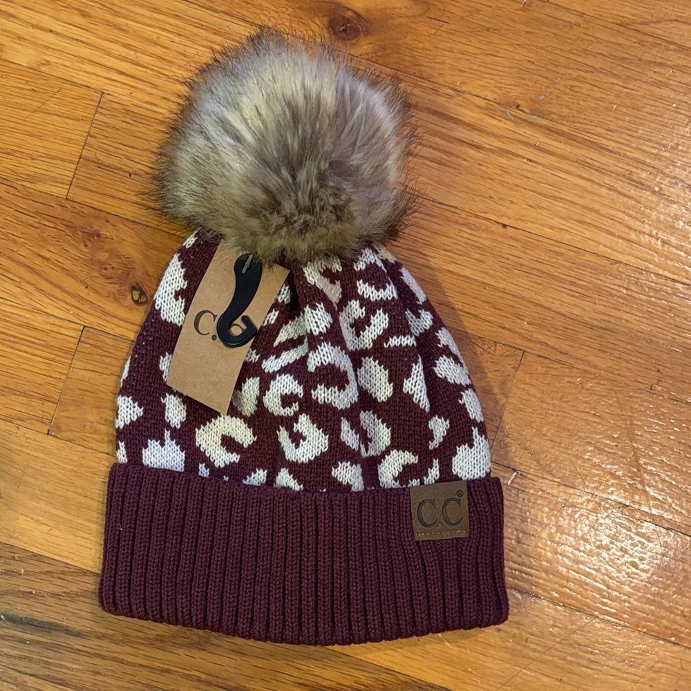 New C.C Maroon and Cream Leopard Print Knit Beanie with Faux Fur Pom